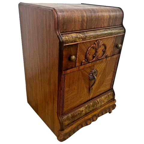 Art Deco Large Nightstand side table Waterfall top Walnut Inlays Drawer Cabinet Cover