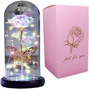 Preserved Rose Flower in Glass Dome W/Gold Butterfly Flower Mother's Day Gift - Picture 1 of 12