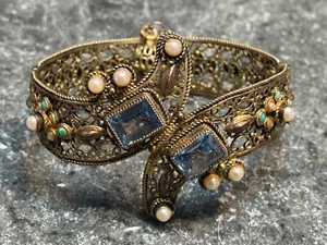 Vintage ISRAEL 935 vergoldetes filigranes Silber, Perlen und Edelstein Armband mit Scharnier - Bild 1 von 6