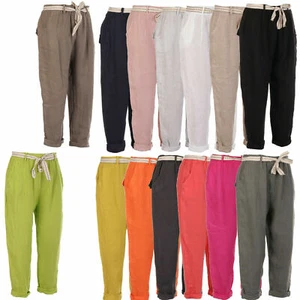 Pantalones italianos de lino liso para damas bolsillos laterales cinturón cintura elástica dobladillo ascendente - Imagen 1 de 10