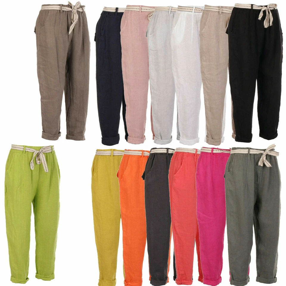 Ladies Italian Plain Linen Trousers Side Pockets Belt Elastic Waist Turn Up Hem - Image 1 of 1