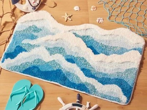 New-Large Blue Ocean Wave Bath Mat, Cute Funky Bathroom Rugs for Coastal Beach N - Picture 1 of 6