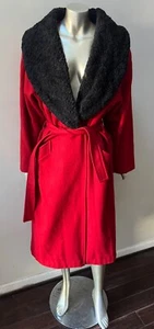 Wrap Belted Fur Collar Wool Long Trench Classy Work Red Jacket Coat M 10 - Picture 1 of 4