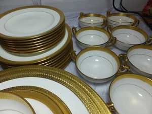 H1935 Minton China Gold Encrusted Rim dinnerware china set  48 pcs England - Picture 1 of 24