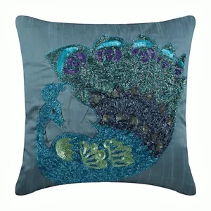 Kissenhülle blau 16""x16"", quadratisch Seide Pfau Perlen - tanzender Pfau - Bild 1 von 3