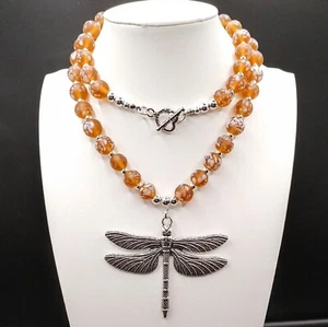 Large Orange Silver Dragonfly Pendant Necklace Glass Beads Toggle Clasp Bohemian - Picture 1 of 11