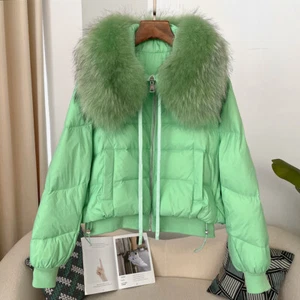 Removable Raccoon Fur Collar Women's Short White Duck Down Jacket Coats Parka - Picture 1 of 39