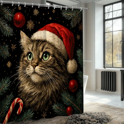 Cortina de ducha para gato de Navidad - Decoración festiva de vacaciones Foto 1 de 4