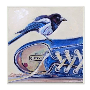 Stupell Blue Bird Perched on Laced Sneakers Painting Wood  12 x 12 - Picture 1 of 5