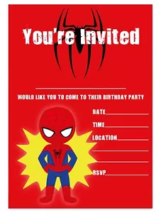 SPIDERMAN THEME BIRTHDAY PARTY INVITATIONS SUPERHERO INVITES CHILDREN BOYS KIDS - Picture 1 of 3
