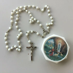 Croce Rosario Vintage Perline Bianche Crocifisso Cattolico Bellissimo! - Foto 1 di 9