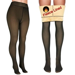 Thermal Fleece Lined Tights Women's Sheer Look Warm Winter Pantyhose in Black - Picture 1 of 3