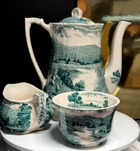Vintage Alfred Meakin Coffee Tea Set Tintern Hand Engraved Transferware England - Picture 1 of 24
