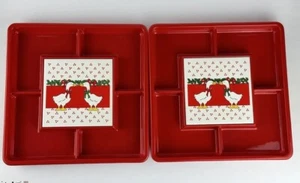 2 Red Kissing Goose Holiday Plastic Trays Tile Trivet-Christmas 4 Section Server - Picture 1 of 9