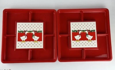 2 Red Kissing Goose Holiday Plastic Trays Tile Trivet-Christmas 4 Section Server - Image 1 of 4