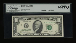 DBR 1995 $10 FRN New York Fr. 2031-B Gem Legacy 66 PPQ Serial B01764105A - Picture 1 of 2