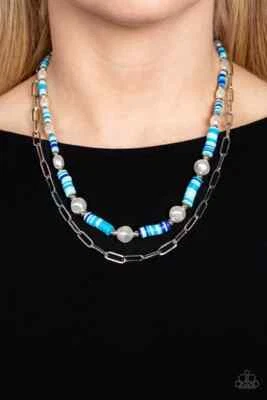 Paparazzi ~ Tidal Trendsetter Blue and White Pearl Necklace and Earring Set - Image 1 of 3