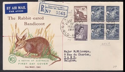 1961 Australia 4'3 Uprated 11d Bandicoot Block FDC Registered to BELGIUM - Image 1 of 4