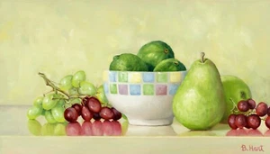 Impresión de bodegones de pera y uvas y limas - realismo - obras de arte de comedor - verde púrpura - Imagen 1 de 5