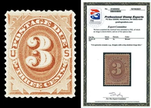 Scott J3 1879 3c Brown Postage Due Mint VF OG Cat $100 Tiny Thin with PSE CERT! - Picture 1 of 2