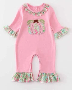 Girl's Boutique Pink Floral Pumpkin Applique Embroidered Embroidery Thanksgiving - Picture 1 of 10