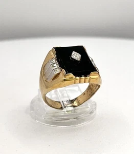 Anillo de sello de electrochapado de oro amarillo de 18 quilates de ónix negro vintage talla 9 - Imagen 1 de 13