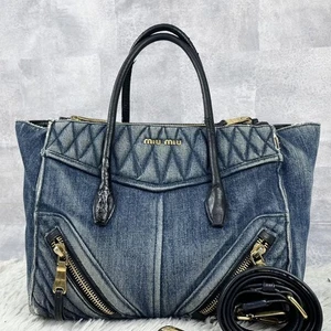 Miu Miu A4 Available Denim 2Way Shoulder Bag Quilted Navy Blue - Picture 1 of 10