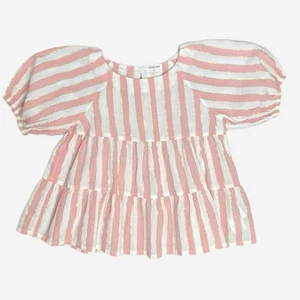 Crewcuts Girls' puff-sleeve tiered top in sparkle stripe pink white preppy sz S - Picture 1 of 4