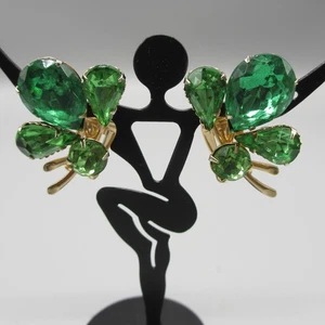 Orecchini Clip On Strass Verde Tono Oro Audace Dichiarazione Grappolo - Foto 1 di 7