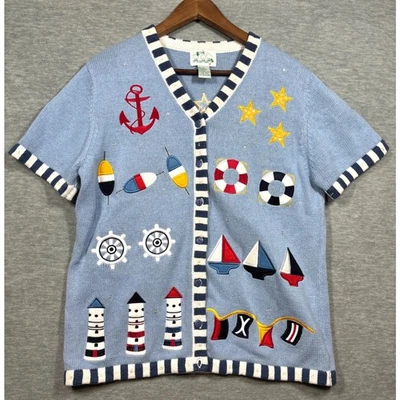 The Quacker Factory Womens Top M Nautical Knit Cardigan Top Short Sleeve Anchor - Image 1 of 4