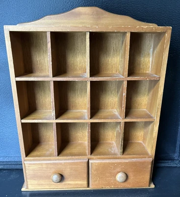 MCM Vtg Solid Wood Trinket Hanging Wall Shelf 12 Cubbies Slots 2 Drawers Ship US - Image 1 of 4