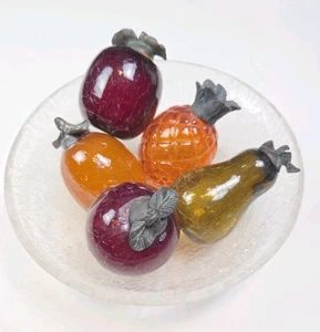 Vintage Crackle Glass Fruit Iron Stems MCM Apple Pear Pineapple Decorative - Picture 1 of 15