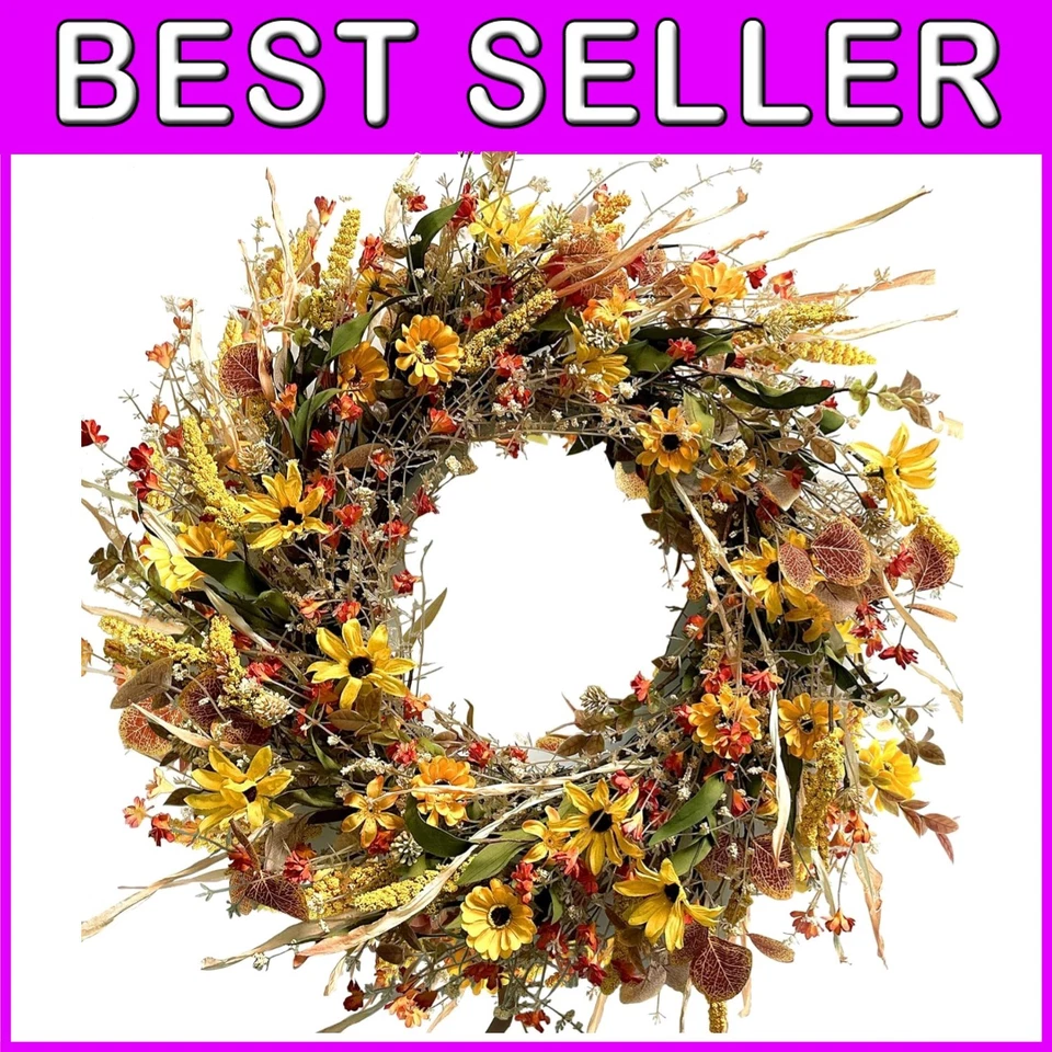 Exuberante guirnalda amarilla de margaritas y flores silvestres de 24 pulgadas para puertas delanteras y traseras Foto 1 de 4