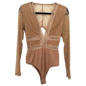 Lulus Women's Casita Beige Sheer Lace Long Sleeve Bodysuit Sz L - Picture 1 of 9