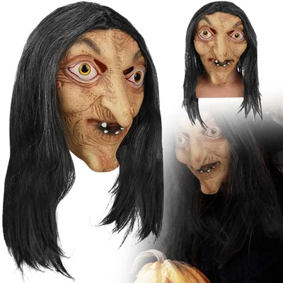 Halloween Hexen Maske Latex Horror Maske Gruselige Hexenmaske  mit Lange Haaren - Bild 1 von 4