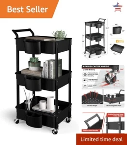 Easy Assembly Rolling Utility Cart with Lockable Wheels - 3-Tier Storage Shelves - Picture 1 of 9