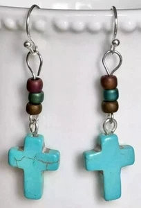 Silver and Turquoise Cross Dangle Earrings. Laguna Beach Boutique. - Picture 1 of 3