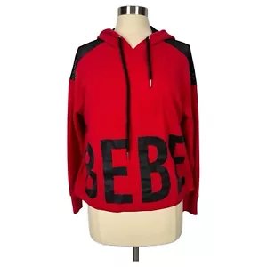BEBE Sport Hoodie Women's Large Red Black Mesh Pullover BiG Logo Sweatshirt - Picture 1 of 18