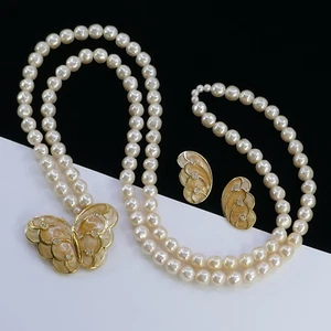VINTAGE KJL FOR AVON ENAMEL BUTTERFLY PEARL NECKLACE EARRINGS KENNETH JAY LANE - Picture 1 of 4