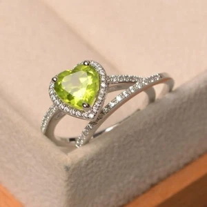 1.39 Ct Natural Green Peridot & Diamond Anniversary Band Set 14K Real White Gold - Picture 1 of 7