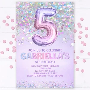 Personalised Rainbow Lilac 5th Birthday Party Invitations, Any Age, 4th 6th 7th - Picture 1 of 14
