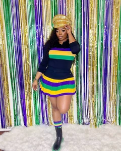 Women's Mardi Gras Black Color Block Striped A-line Skirt Set - Picture 1 of 4