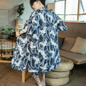 Men Japanese Kimono Coat Loose Yukata Outwear Long Bathrobe Tops Crane New - Picture 1 of 7