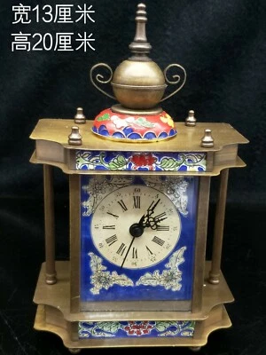 Collect Decor Old Copper red Flower Cloisonne Big Mechanical Table Clock work - Image 1 of 4