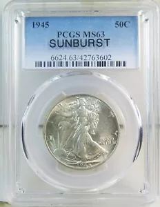 1945 Walking Liberty mezzo dollaro PCGS MS63 *VP-001 SUNBURST* BR - Foto 1 di 5