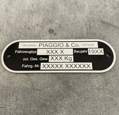 Nameplate suitable for Piaggio, Vespa, with year, engraved incl. data - Image 1 of 2