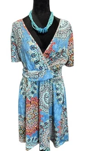 Camisa Short Sleeve Pleated Loose V-Neck Fit & Flare Dress with Pockets Size M - Picture 1 of 7
