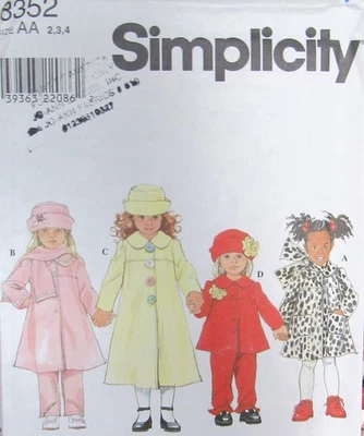 Simplicity 8352 Little Girls 2-3-4 Princess Coat Jacket Pants & Hat Pattern UC - Image 1 of 2