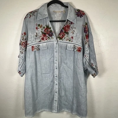 Soft Surroundings Boho Bordado Floral Cambray Abotonado Mujer 2X Foto 1 de 4