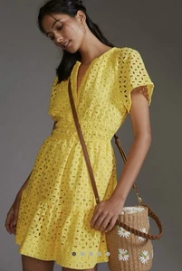 Anthropologie Somerset Mini Abito Giallo Canarino Occhiellato Tg L Classico Preppy Beach - Foto 1 di 11
